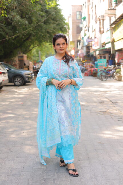 Blue pakistani suit with emb and lace work